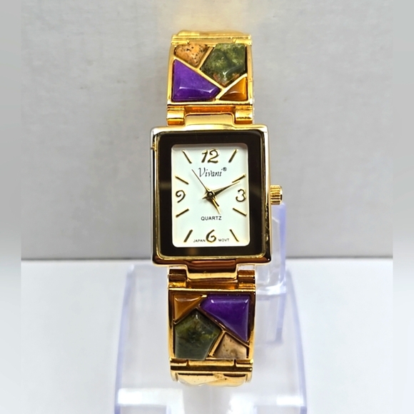 Vivani CS4821 Gold Tone Faux Gemstone Quartz Watch Tank Style New Battery Womens - Picture 1 of 9